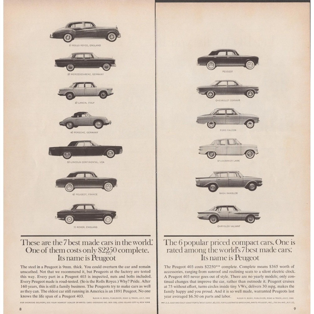 1961 Peugeot Vintage Print Ad World's Best Made‎ Cars 2 Page Comparison Auto Art